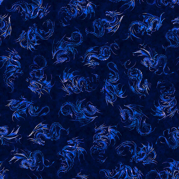 Image of Dragon&#39;s Song Linocut Royal quilting cotton fabric by Morris Creative Group for QT Fabrics. Features dragons on a blue background. Cute Little Fabric Shop