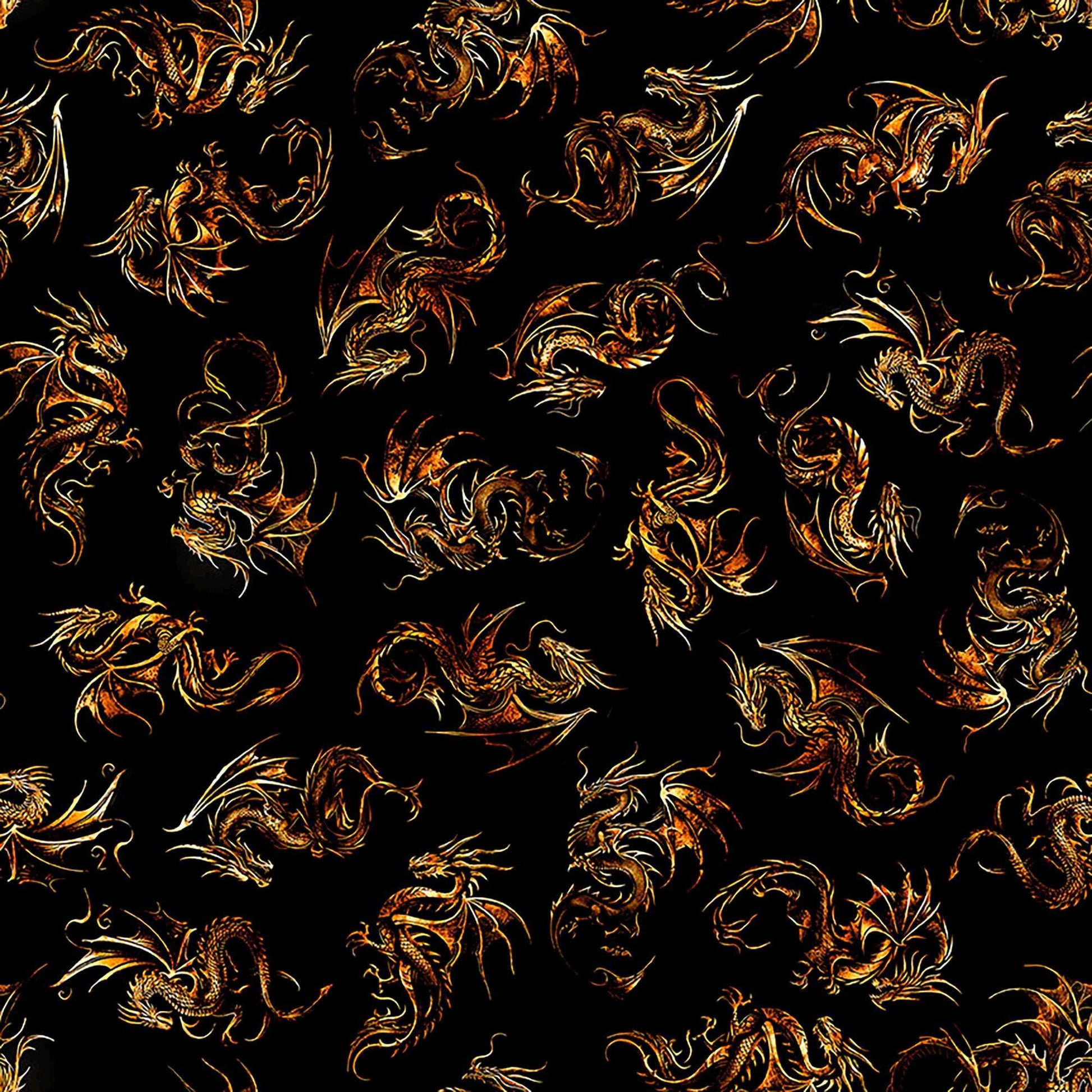 Image of Dragon's Song Linocut Black quilting cotton fabric by Morris Creative Group for QT Fabrics. Features dragons on a black background. Cute Little Fabric Shop
