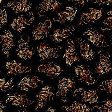 Image of Dragon's Song Linocut Black quilting cotton fabric by Morris Creative Group for QT Fabrics. Features dragons on a black background. Cute Little Fabric Shop