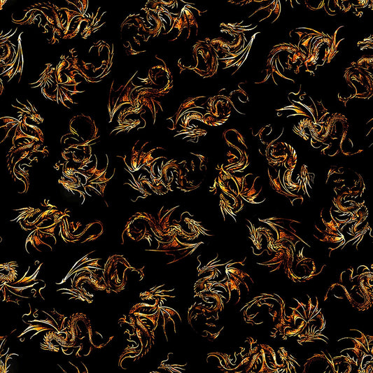 Image of Dragon's Song Linocut Black quilting cotton fabric by Morris Creative Group for QT Fabrics. Features dragons on a black background. Cute Little Fabric Shop