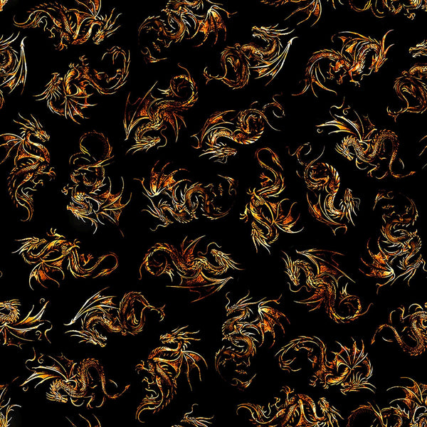 Image of Dragon&#39;s Song Linocut Black quilting cotton fabric by Morris Creative Group for QT Fabrics. Features dragons on a black background. Cute Little Fabric Shop