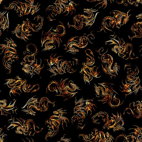 Image of Dragon&#39;s Song Linocut Black quilting cotton fabric by Morris Creative Group for QT Fabrics. Features dragons on a black background. Cute Little Fabric Shop