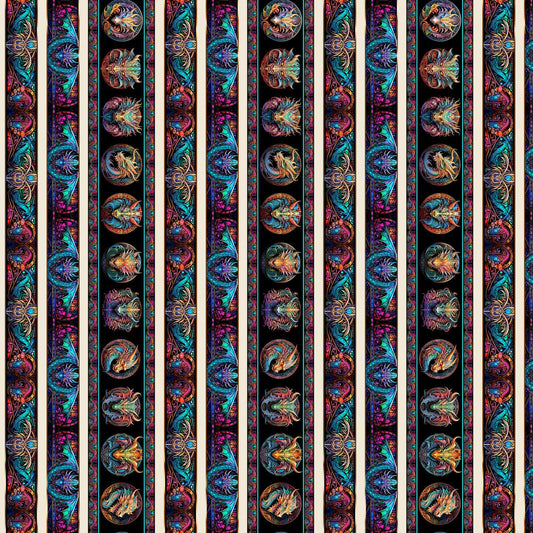 Image of Dragon's Song Boarder Stripe Multi quilting cotton fabric by Morris Creative Group for QT Fabrics. Features dragons on a black background. Cute Little Fabric Shop