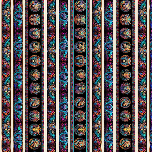 Image of Dragon&#39;s Song Boarder Stripe Multi quilting cotton fabric by Morris Creative Group for QT Fabrics. Features dragons on a black background. Cute Little Fabric Shop