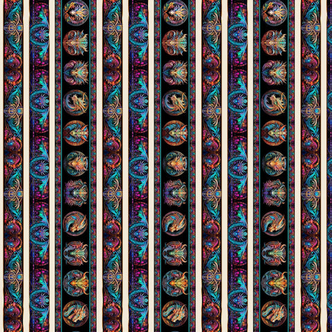 Image of Dragon&#39;s Song Boarder Stripe Multi quilting cotton fabric by Morris Creative Group for QT Fabrics. Features dragons on a black background. Cute Little Fabric Shop