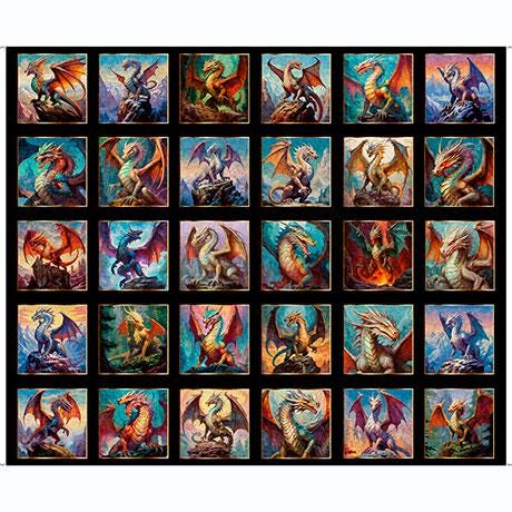 Dragon's Song Dragon Blocks 31150 Black J Panel - by QT Fabrics - Fantasy Medieval Fairytale - Quilting Cotton Fabric