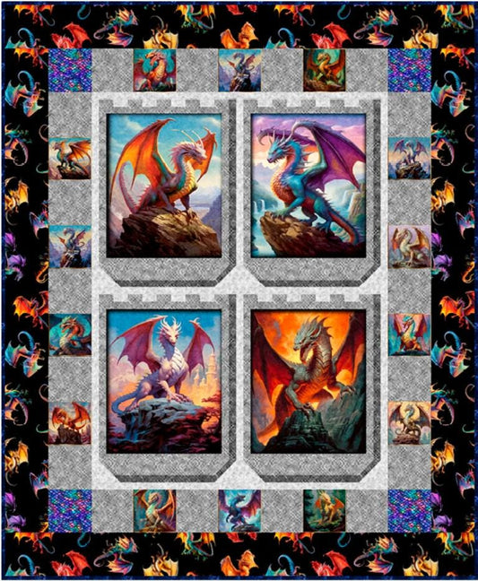 The Great Houses Quilt Kit - QT Fabrics - Pattern Fabric - Fantasy Medieval Fairytale Creatures - Dragon's Song - Quilting Cotton Fabric