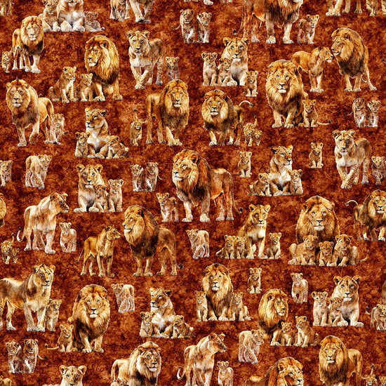 Image of Roar of the Pride Family Allover Rust quilting cotton fabric by Morris Creative Group for QT Fabrics. Features lions on a red background. Cute Little Fabric Shop