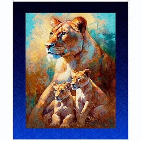 Roar Of The Pride Lioness & Cubs Panel 31391 Royal Y - by QT Fabrics - Nature Large Cats Lions - Quilting Cotton Fabric
