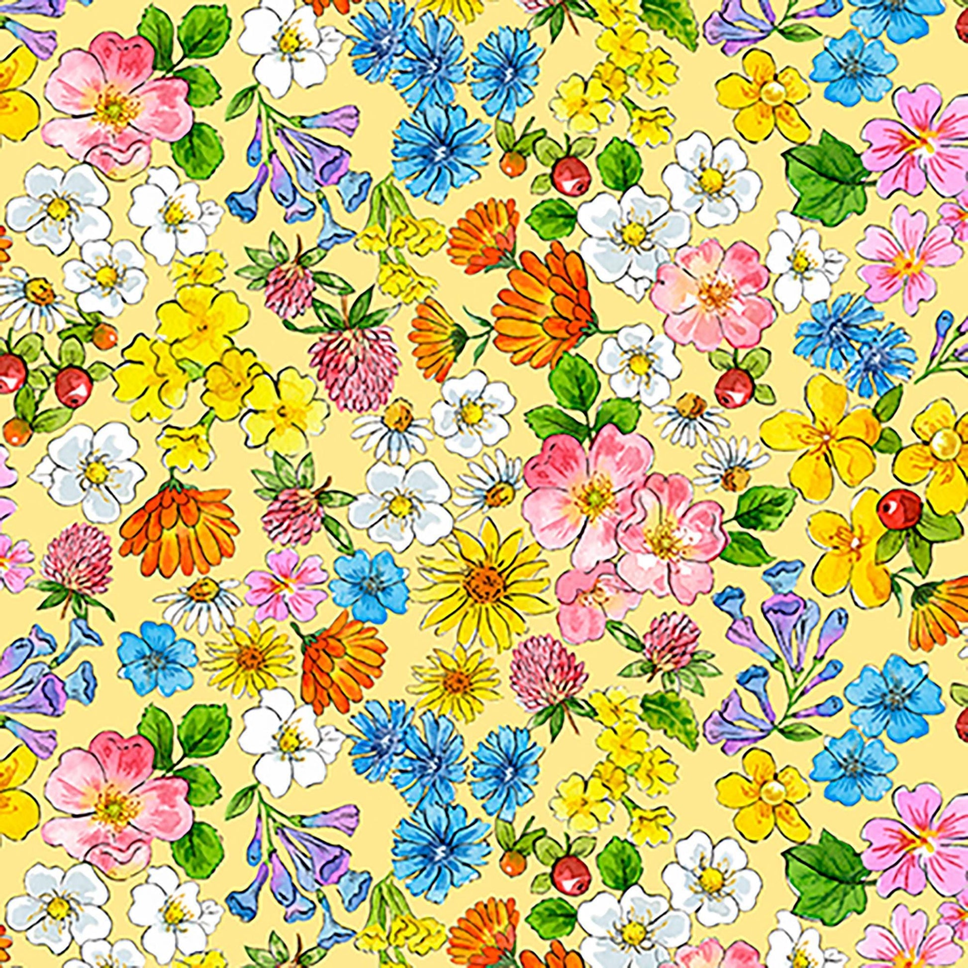 Image of Healing Garden Flower Heads Yellow quilting cotton fabric by Jane Maday for QT Fabrics. Features flowers on a yellow background. Cute Little Fabric Shop