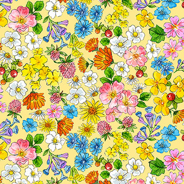Image of Healing Garden Flower Heads Yellow quilting cotton fabric by Jane Maday for QT Fabrics. Features flowers on a yellow background. Cute Little Fabric Shop
