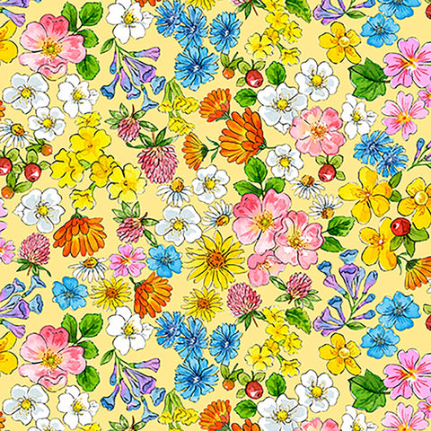 Image of Healing Garden Flower Heads Yellow quilting cotton fabric by Jane Maday for QT Fabrics. Features flowers on a yellow background. Cute Little Fabric Shop