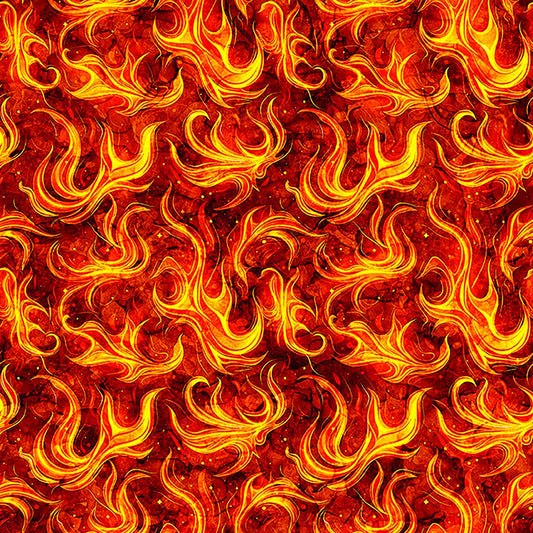 Image of Grab Bag Season 3 Chili Flames Red Orange quilting cotton fabric by Morris Creative Group for QT Fabrics. Features fire on an orange background. Cute Little Fabric Shop