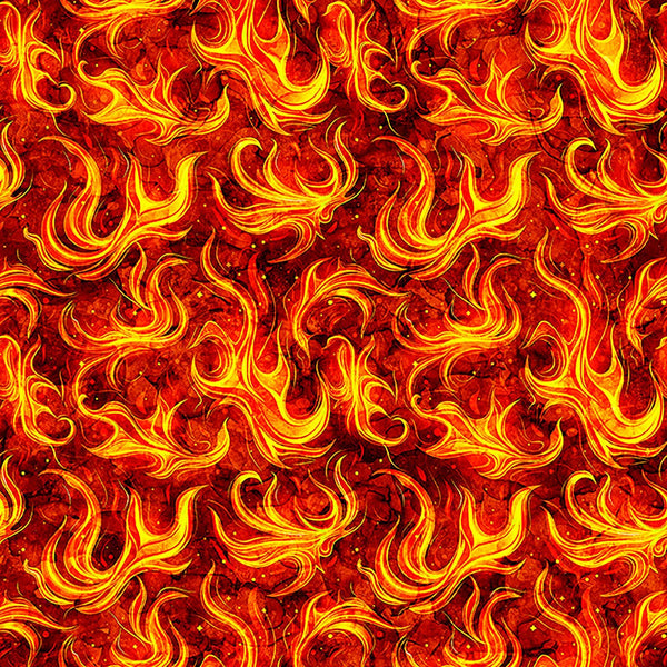 Image of Grab Bag Season 3 Chili Flames Red Orange quilting cotton fabric by Morris Creative Group for QT Fabrics. Features fire on an orange background. Cute Little Fabric Shop
