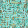Image of Grab Bag Season 3 Coffee Text Aqua quilting cotton fabric by Morris Creative Group for QT Fabrics. Features text on a blue background. Cute Little Fabric Shop