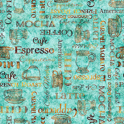 Image of Grab Bag Season 3 Coffee Text Aqua quilting cotton fabric by Morris Creative Group for QT Fabrics. Features text on a blue background. Cute Little Fabric Shop
