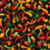 Image of Grab Bag Season 3 Chili Peppers Black quilting cotton fabric by Morris Creative Group for QT Fabrics. Features peppers on a black background. Cute Little Fabric Shop