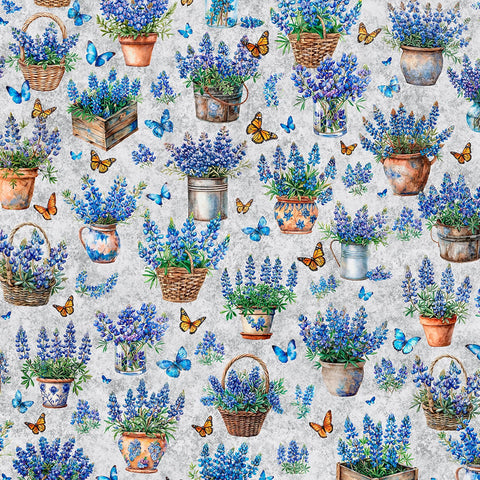 Image of Grab Bag Season 3 Potted Bluebonnets Gray quilting cotton fabric by Morris Creative Group for QT Fabrics. Features flowers on a gray background. Cute Little Fabric Shop