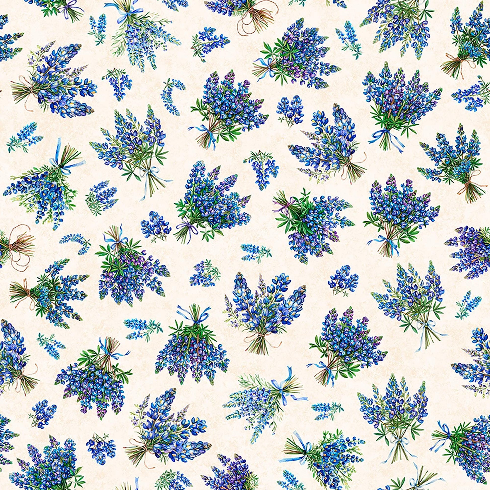 Image of Grab Bag Season 3 Bluebonnets Bouquet Cream quilting cotton fabric by Morris Creative Group for QT Fabrics. Features flowers on a cream background. Cute Little Fabric Shop