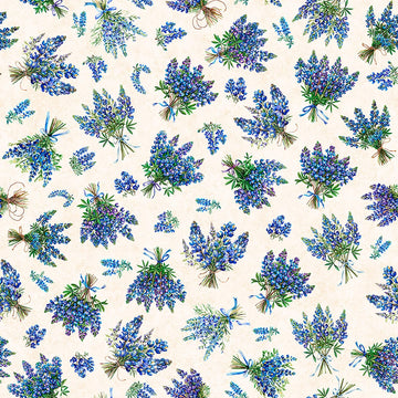 Image of Grab Bag Season 3 Bluebonnets Bouquet Cream quilting cotton fabric by Morris Creative Group for QT Fabrics. Features flowers on a cream background. Cute Little Fabric Shop