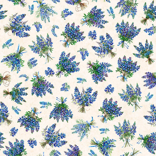 Image of Grab Bag Season 3 Bluebonnets Bouquet Cream quilting cotton fabric by Morris Creative Group for QT Fabrics. Features flowers on a cream background. Cute Little Fabric Shop