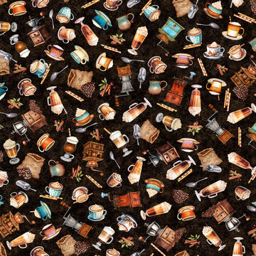 Image of Grab Bag Season 3 Coffee Toss Coffee quilting cotton fabric by Morris Creative Group for QT Fabrics. Features coffee on a brown background. Cute Little Fabric Shop