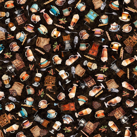 Image of Grab Bag Season 3 Coffee Toss Coffee quilting cotton fabric by Morris Creative Group for QT Fabrics. Features coffee on a brown background. Cute Little Fabric Shop