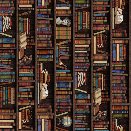 Image of Grab Bag Season 3 Library Book Stripe Black quilting cotton fabric by Morris Creative Group for QT Fabrics. Features books on a black background. Cute Little Fabric Shop
