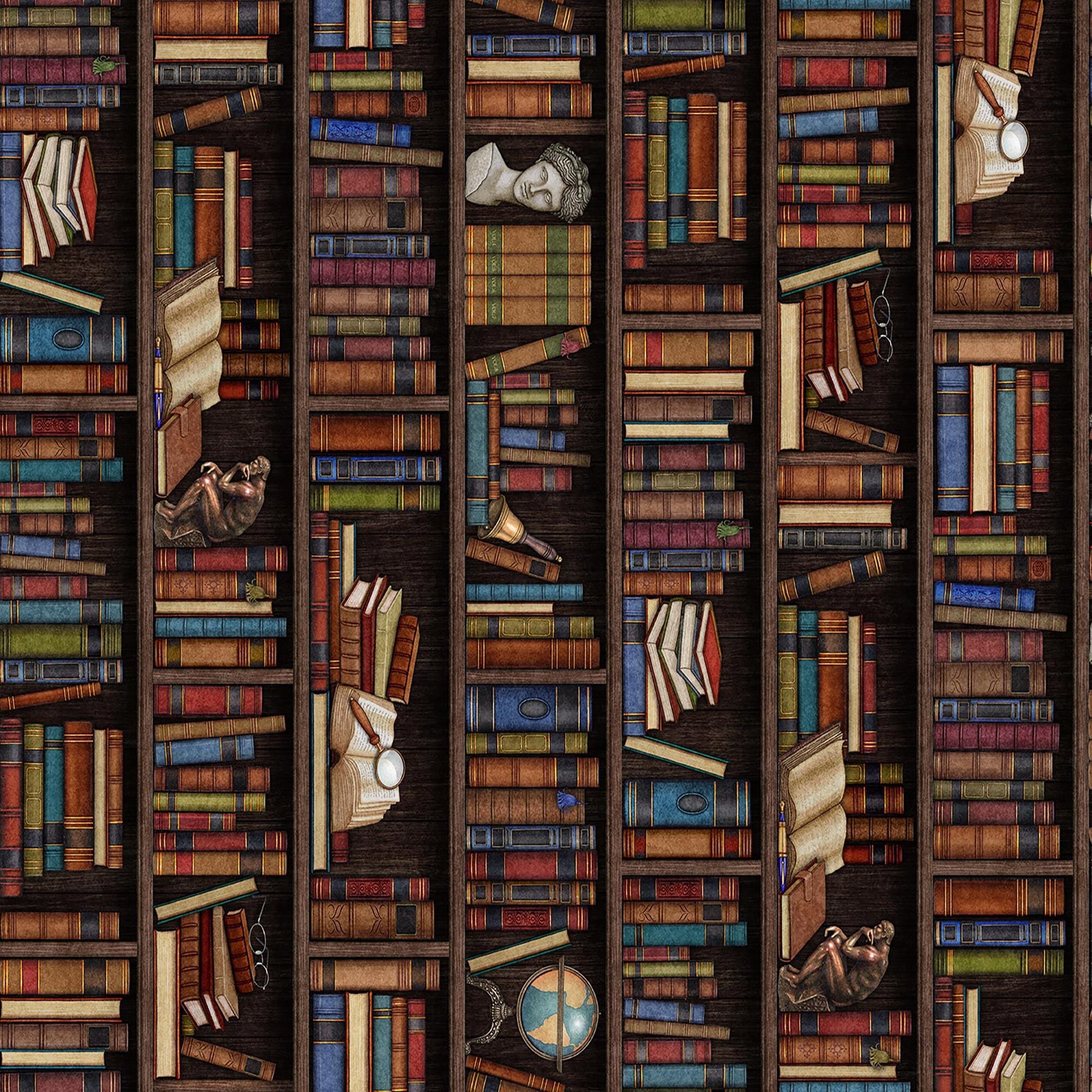 Image of Grab Bag Season 3 Library Book Stripe Black quilting cotton fabric by Morris Creative Group for QT Fabrics. Features books on a black background. Cute Little Fabric Shop
