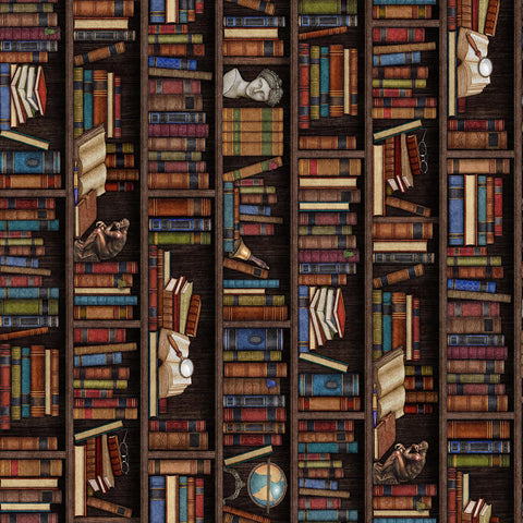 Image of Grab Bag Season 3 Library Book Stripe Black quilting cotton fabric by Morris Creative Group for QT Fabrics. Features books on a black background. Cute Little Fabric Shop