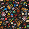 Image of Grab Bag Season 3 Everything School Charcoal quilting cotton fabric by Morris Creative Group for QT Fabrics. Features school supplies on a black background. Cute Little Fabric Shop