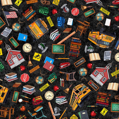 Image of Grab Bag Season 3 Everything School Charcoal quilting cotton fabric by Morris Creative Group for QT Fabrics. Features school supplies on a black background. Cute Little Fabric Shop