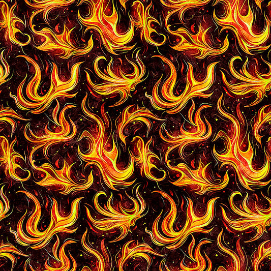 Image of Grab Bag Season 3 Chili Flames Black quilting cotton fabric by Morris Creative Group for QT Fabrics. Features fire on a black background. Cute Little Fabric Shop