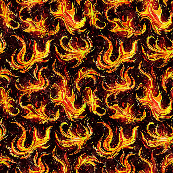 Image of Grab Bag Season 3 Chili Flames Black quilting cotton fabric by Morris Creative Group for QT Fabrics. Features fire on a black background. Cute Little Fabric Shop