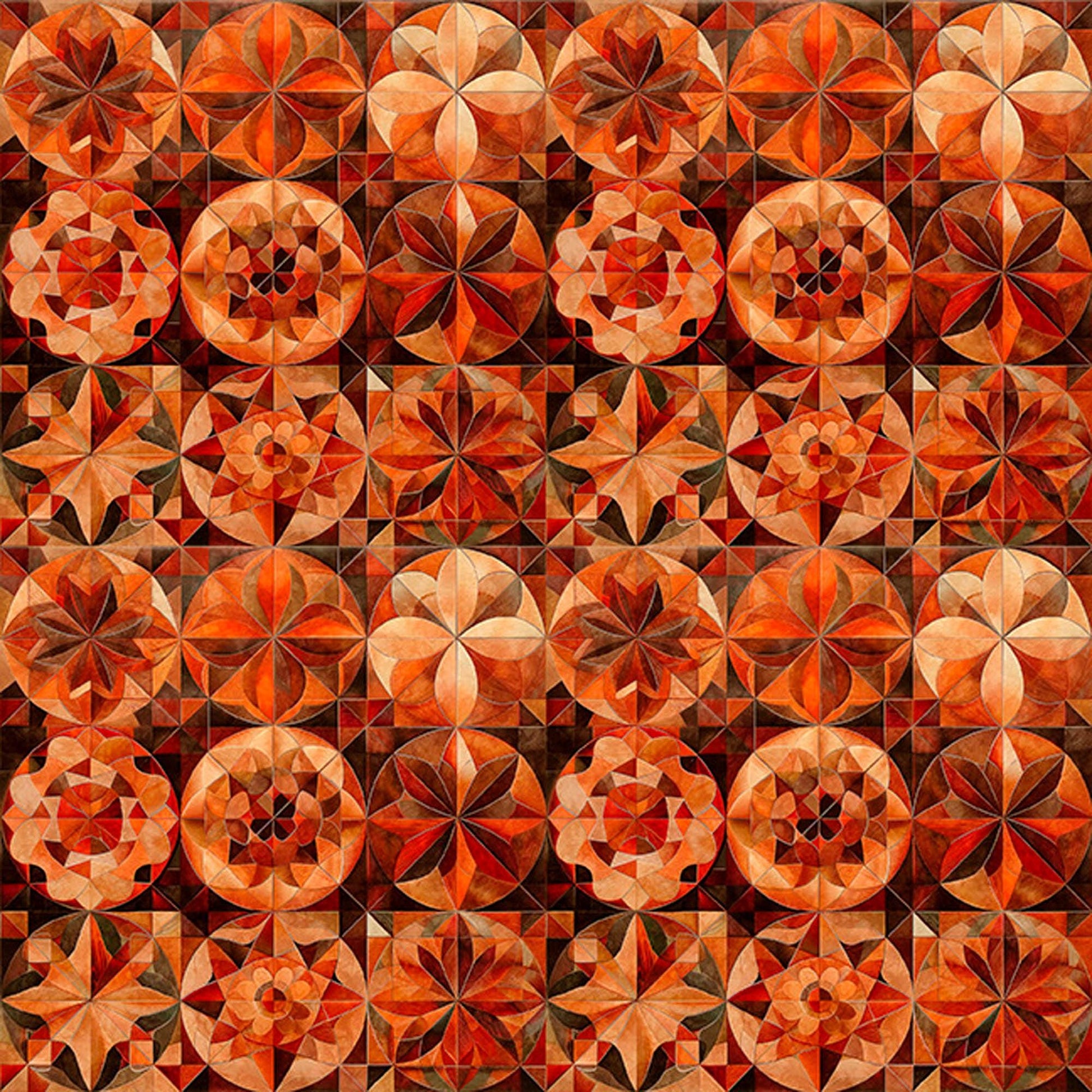 Image of Solstice Kaleidoscope Packed Circles Burnt Orange quilting cotton fabric by Morris Creative Group for QT Fabrics. Features geometric designs on an orange background. Cute Little Fabric Shop
