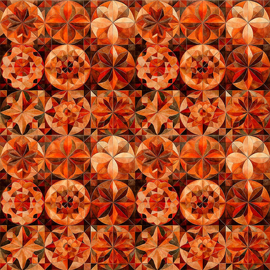 Image of Solstice Kaleidoscope Packed Circles Burnt Orange quilting cotton fabric by Morris Creative Group for QT Fabrics. Features geometric designs on an orange background. Cute Little Fabric Shop