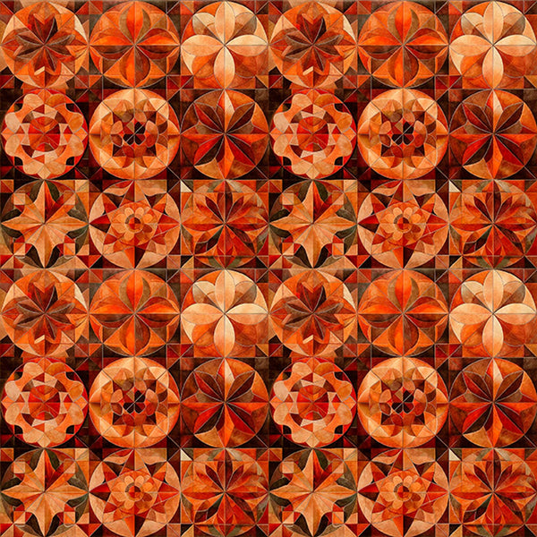 Image of Solstice Kaleidoscope Packed Circles Burnt Orange quilting cotton fabric by Morris Creative Group for QT Fabrics. Features geometric designs on an orange background. Cute Little Fabric Shop