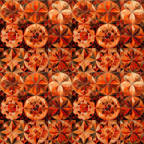 Image of Solstice Kaleidoscope Packed Circles Burnt Orange quilting cotton fabric by Morris Creative Group for QT Fabrics. Features geometric designs on an orange background. Cute Little Fabric Shop