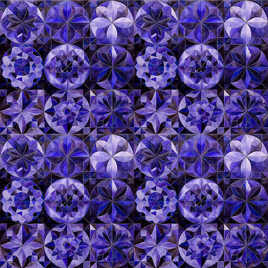 Image of Solstice Kaleidoscope Packed Circles Violet quilting cotton fabric by Morris Creative Group for QT Fabrics. Features geometric designs on a purple background. Cute Little Fabric Shop