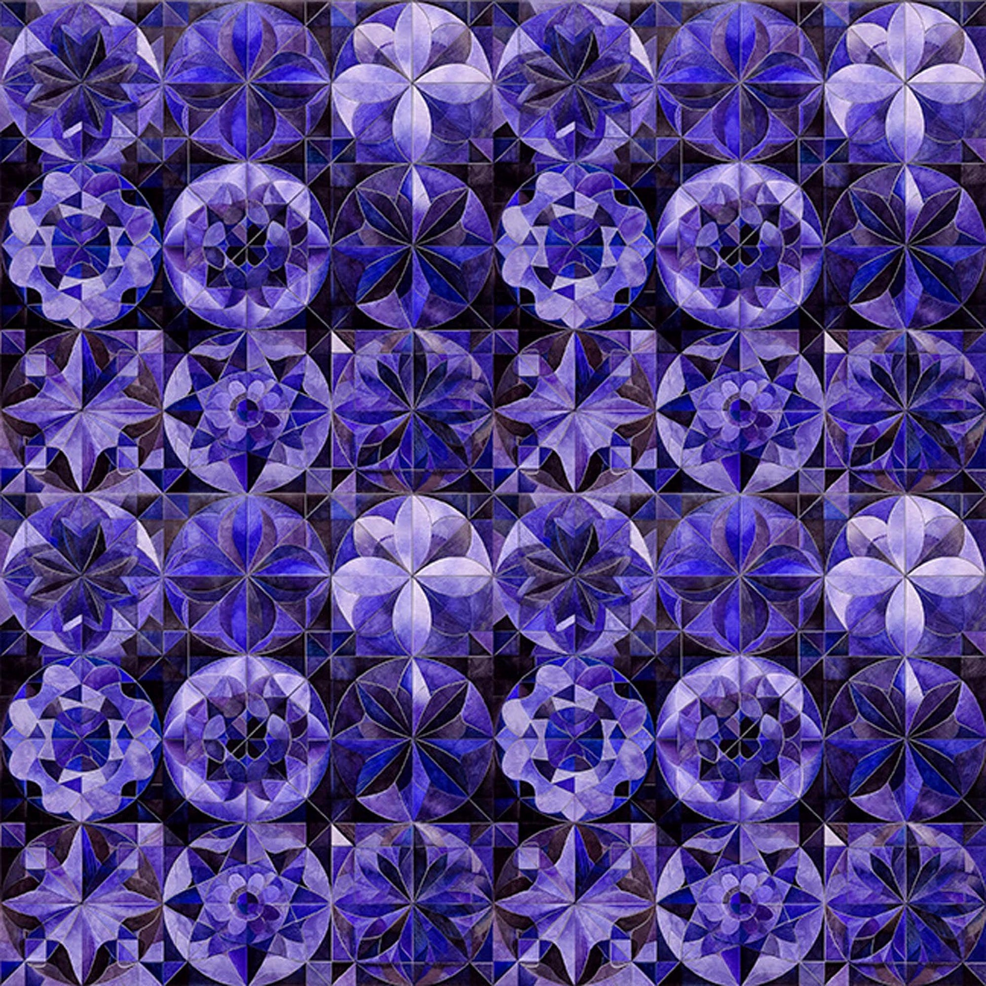 Image of Solstice Kaleidoscope Packed Circles Violet quilting cotton fabric by Morris Creative Group for QT Fabrics. Features geometric designs on a purple background. Cute Little Fabric Shop