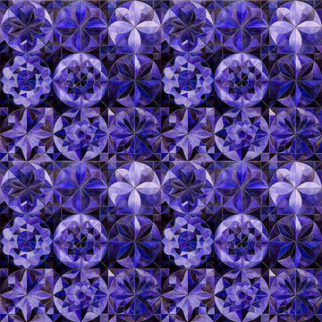 Image of Solstice Kaleidoscope Packed Circles Violet quilting cotton fabric by Morris Creative Group for QT Fabrics. Features geometric designs on a purple background. Cute Little Fabric Shop