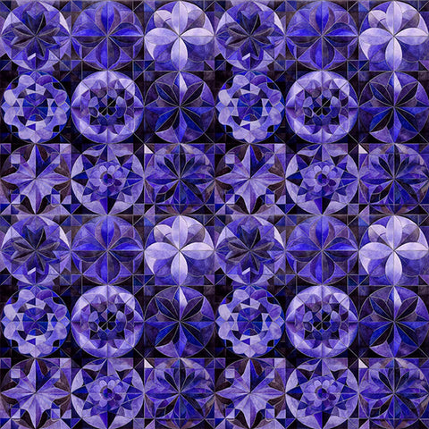 Image of Solstice Kaleidoscope Packed Circles Violet quilting cotton fabric by Morris Creative Group for QT Fabrics. Features geometric designs on a purple background. Cute Little Fabric Shop