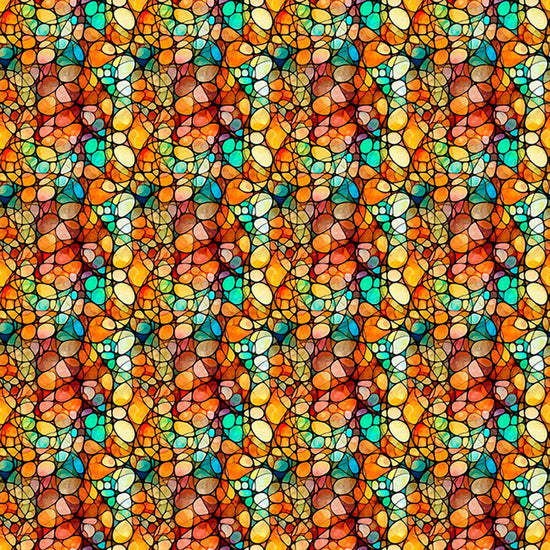 Image of Solstice Kaleidoscope Orange quilting cotton fabric by Morris Creative Group for QT Fabrics. Features geometric designs on an orange background. Cute Little Fabric Shop