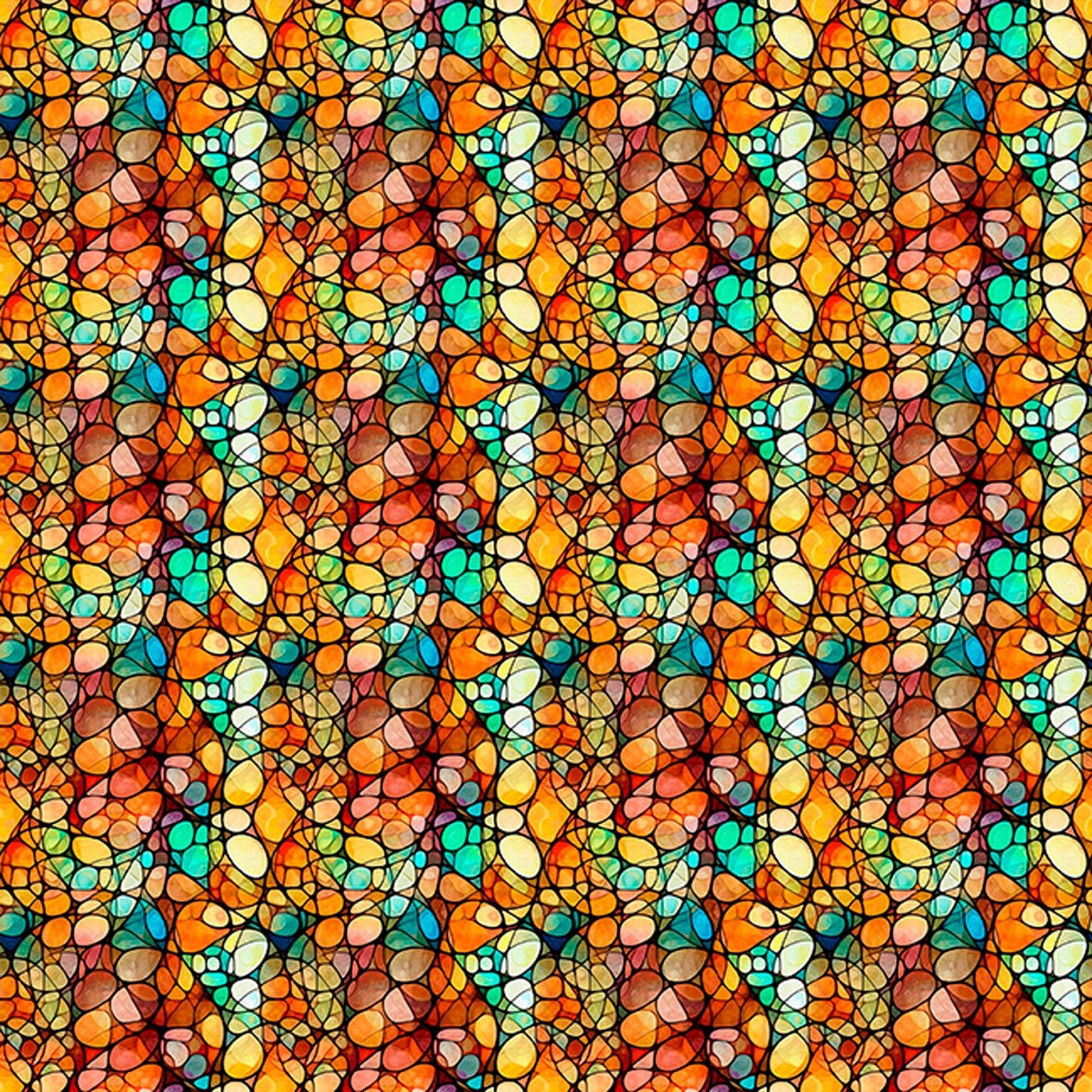 Image of Solstice Kaleidoscope Orange quilting cotton fabric by Morris Creative Group for QT Fabrics. Features geometric designs on an orange background. Cute Little Fabric Shop