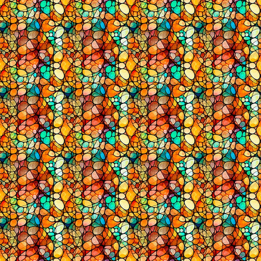 Image of Solstice Kaleidoscope Orange quilting cotton fabric by Morris Creative Group for QT Fabrics. Features geometric designs on an orange background. Cute Little Fabric Shop