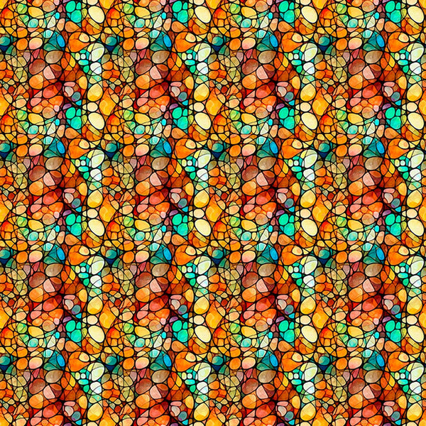 Image of Solstice Kaleidoscope Orange quilting cotton fabric by Morris Creative Group for QT Fabrics. Features geometric designs on an orange background. Cute Little Fabric Shop