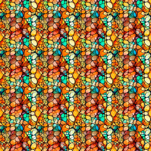 Image of Solstice Kaleidoscope Orange quilting cotton fabric by Morris Creative Group for QT Fabrics. Features geometric designs on an orange background. Cute Little Fabric Shop