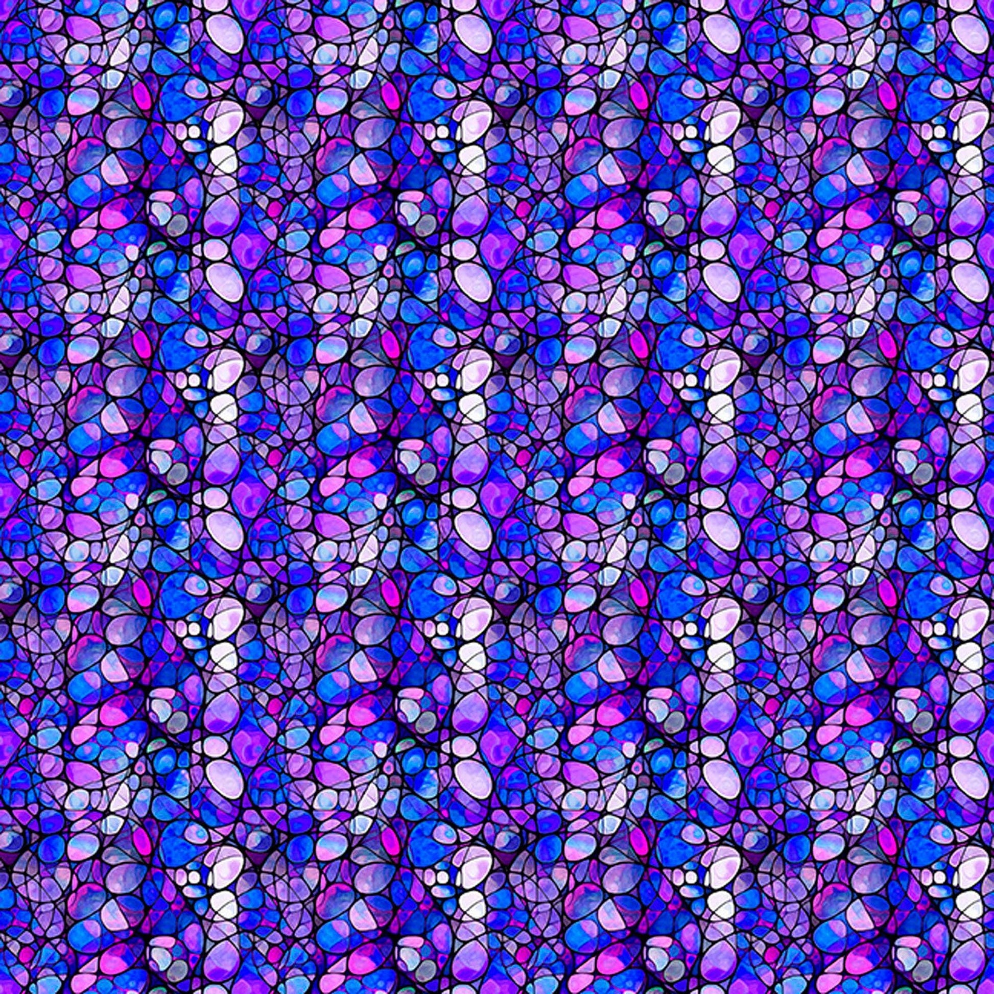 Image of Solstice Kaleidoscope Violet quilting cotton fabric by Morris Creative Group for QT Fabrics. Features geometric designs on a purple background. Cute Little Fabric Shop