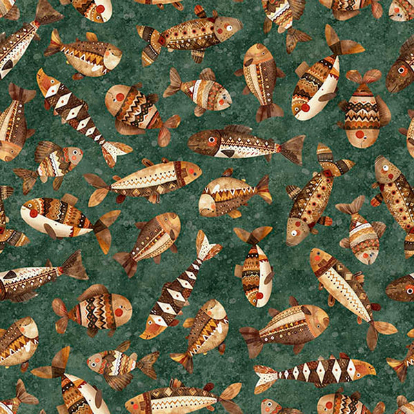 Image of Bearsville Fish Pine quilting cotton fabric by Morris Creative Group for QT Fabrics. Features fish on a green background. Cute Little Fabric Shop