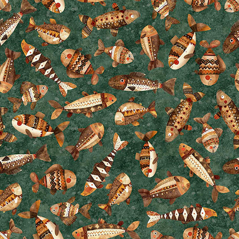 Image of Bearsville Fish Pine quilting cotton fabric by Morris Creative Group for QT Fabrics. Features fish on a green background. Cute Little Fabric Shop